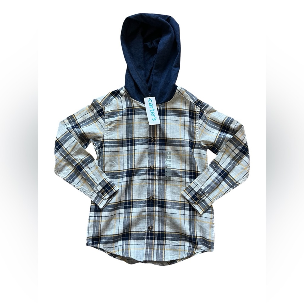 Carter’s Boys Blue Plaid Button Down Hoodie | 5 NWT